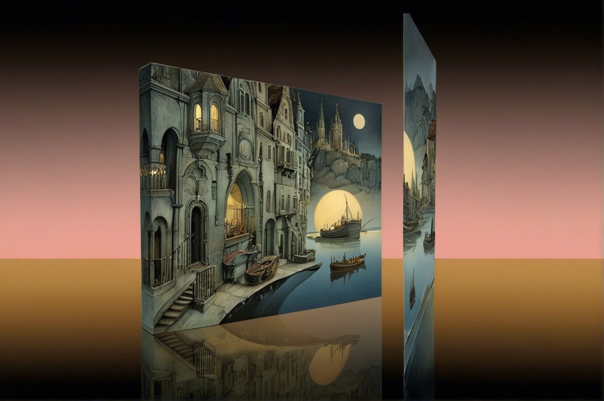 Surreal Twilight Waterfront Landscape with Luminous Moon