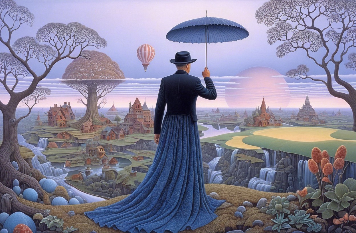 Surreal Landscape with Umbrella and Whimsical Elements
