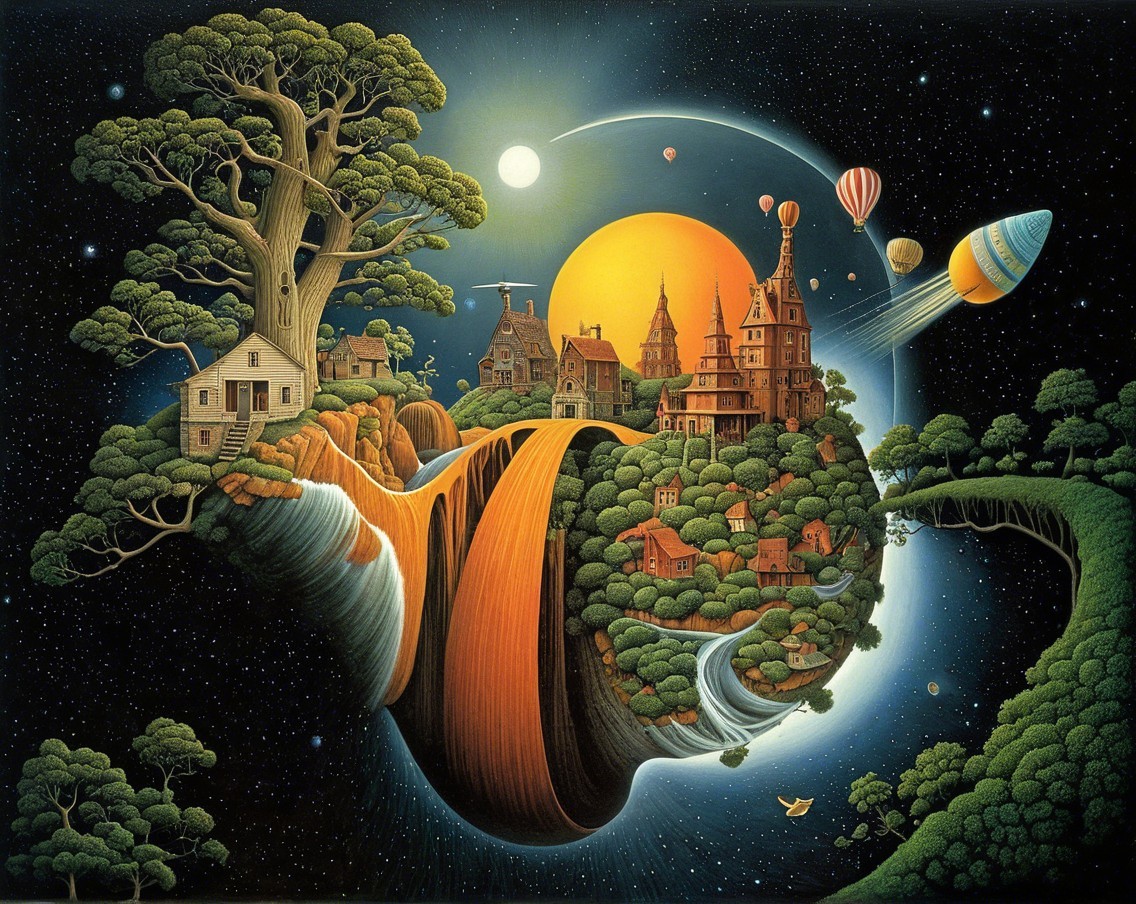 Floating Island Landscape with Waterfall and Castles