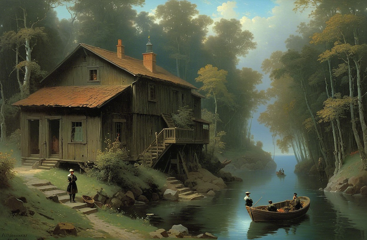 Rustic House by Riverbank in Serene Landscape