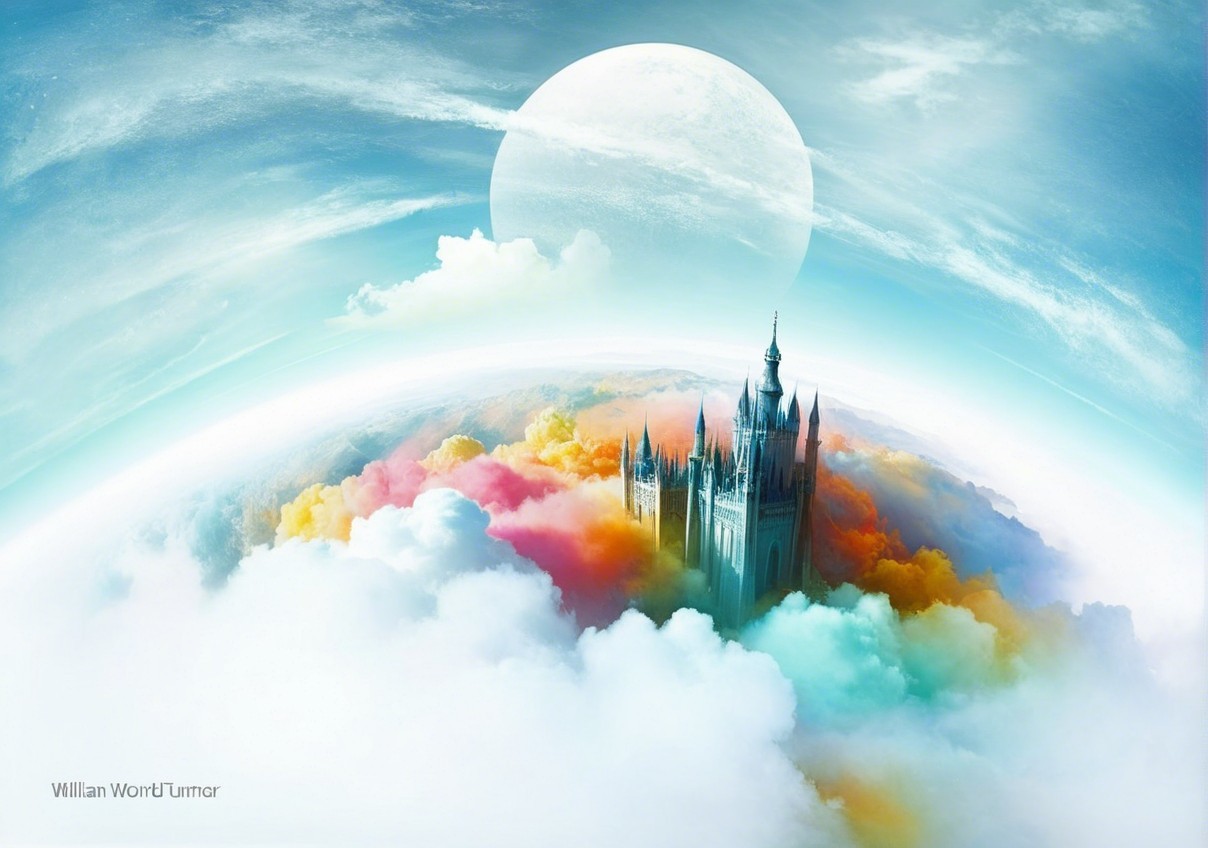 Majestic castle among vibrant clouds and serene sky