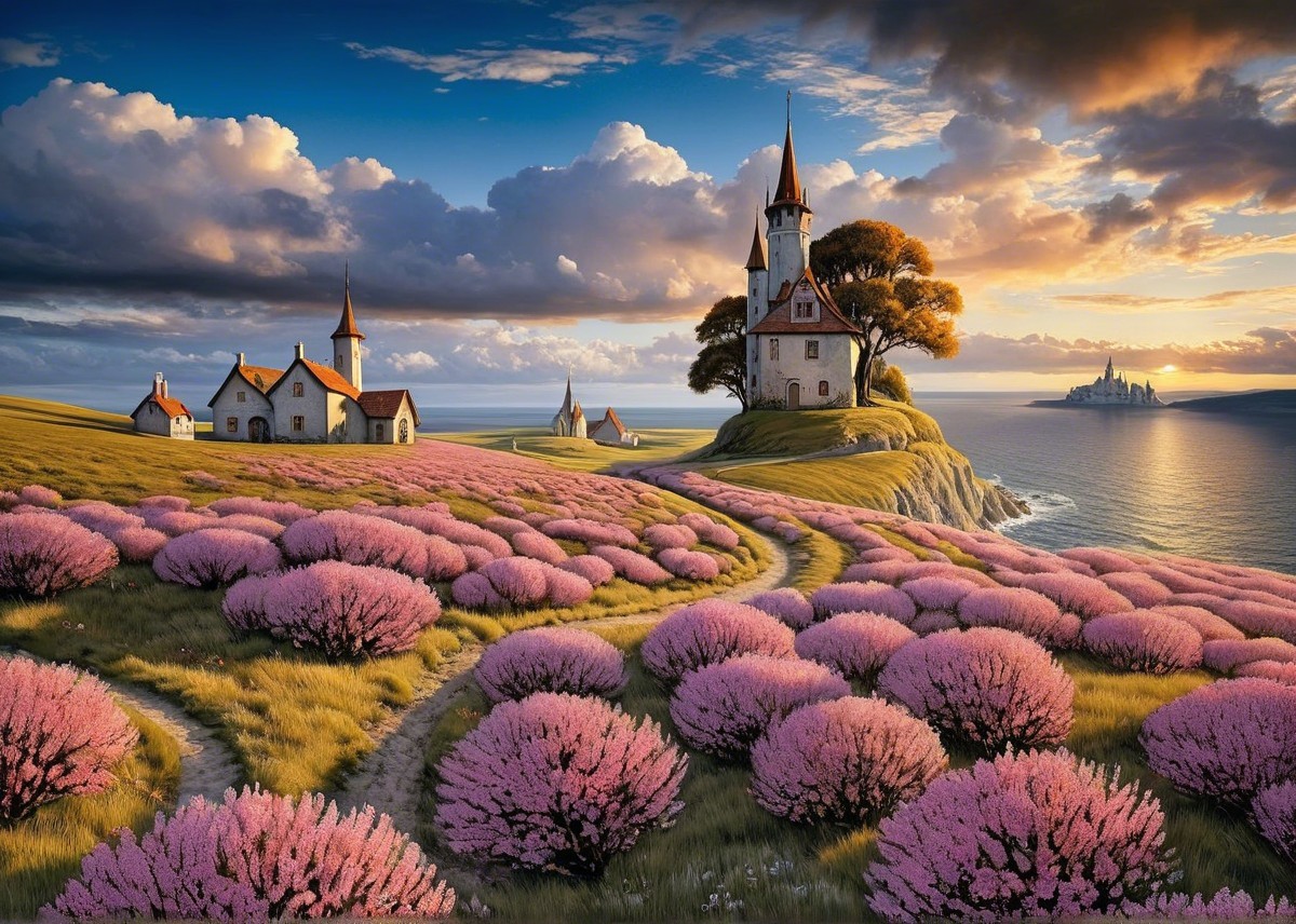 Quaint Houses Amid Vibrant Flowering Fields and Coastline
