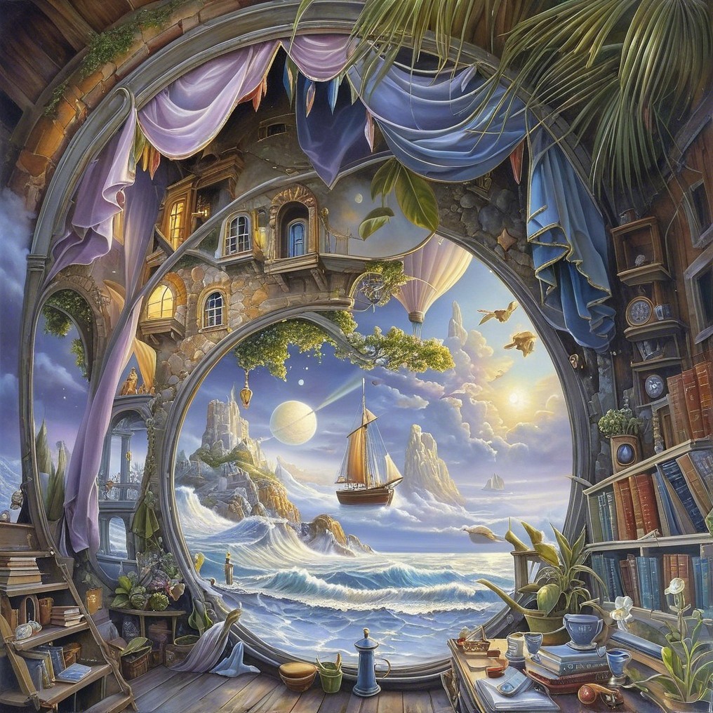 Whimsical Landscape Viewed Through Circular Window