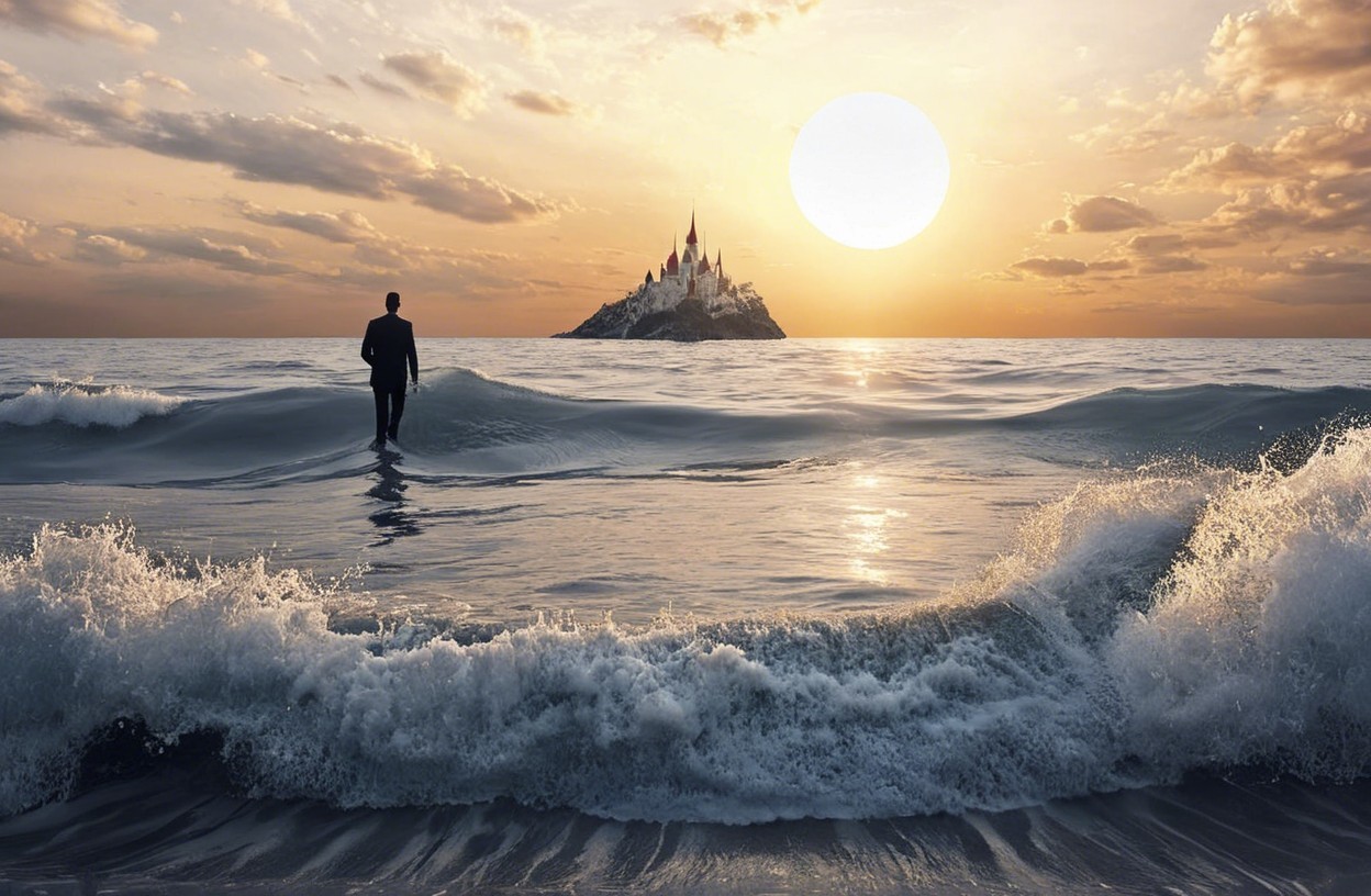 Lone Figure by Shallow Waters with Distant Castle