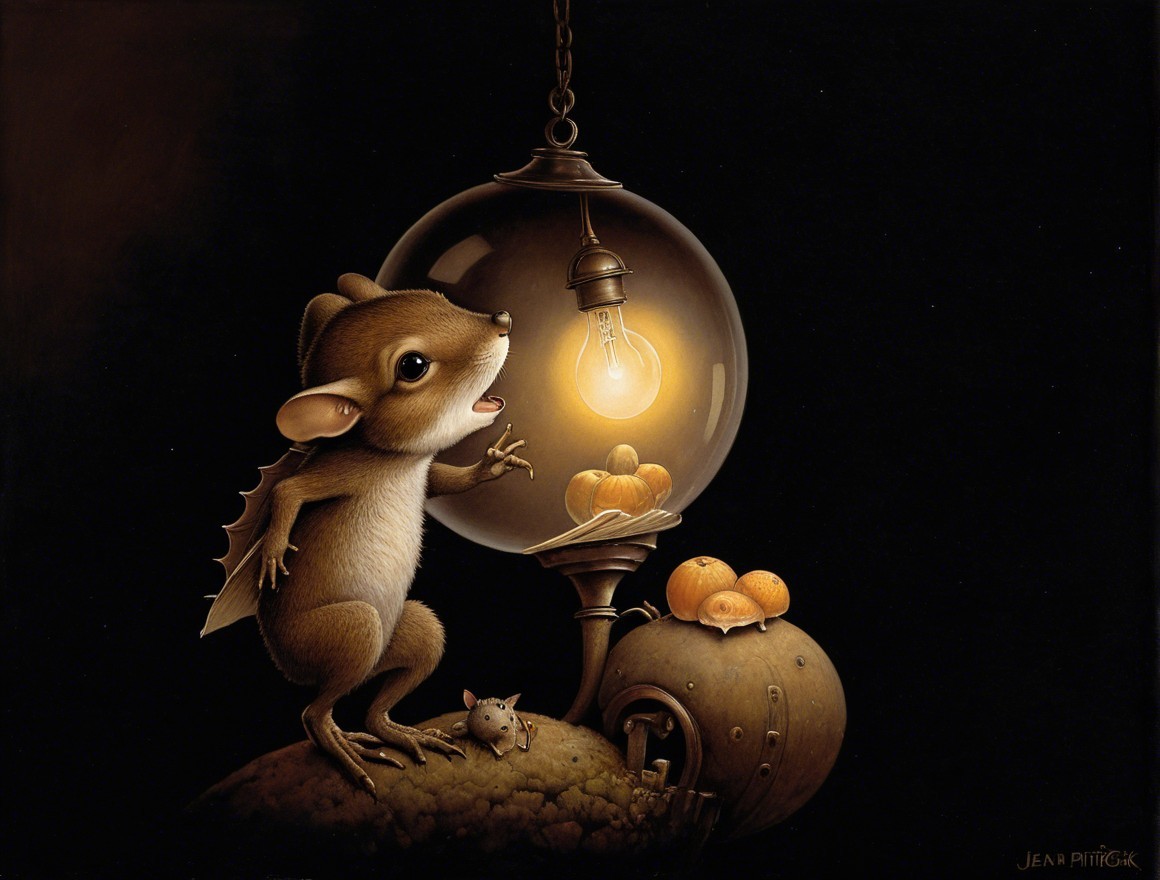 Whimsical scene with mice, lamp, and oranges