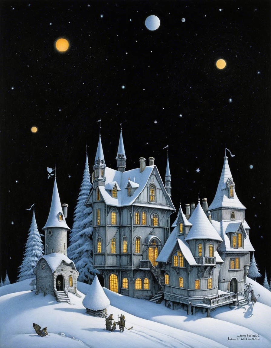 Whimsical Winter Scene with Frosty Castle and Planets