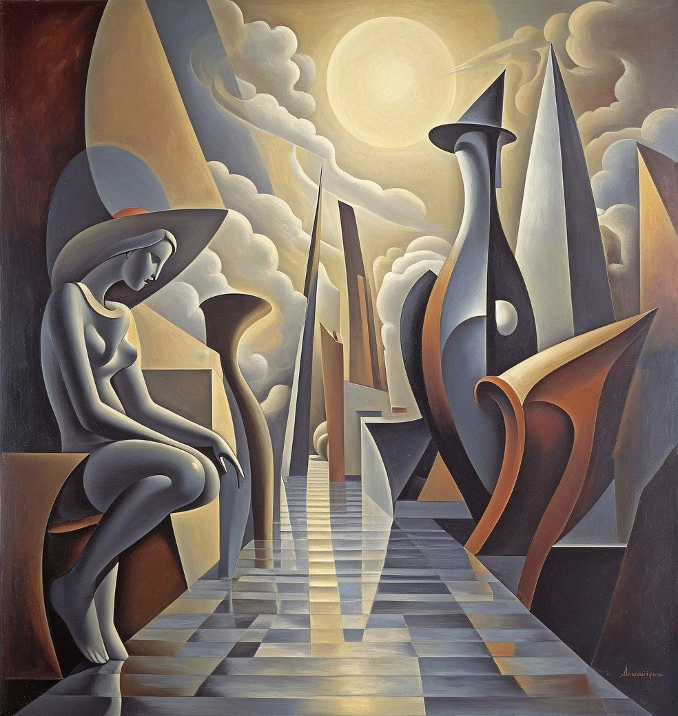 Surreal Landscape with Abstract Structures and Figure