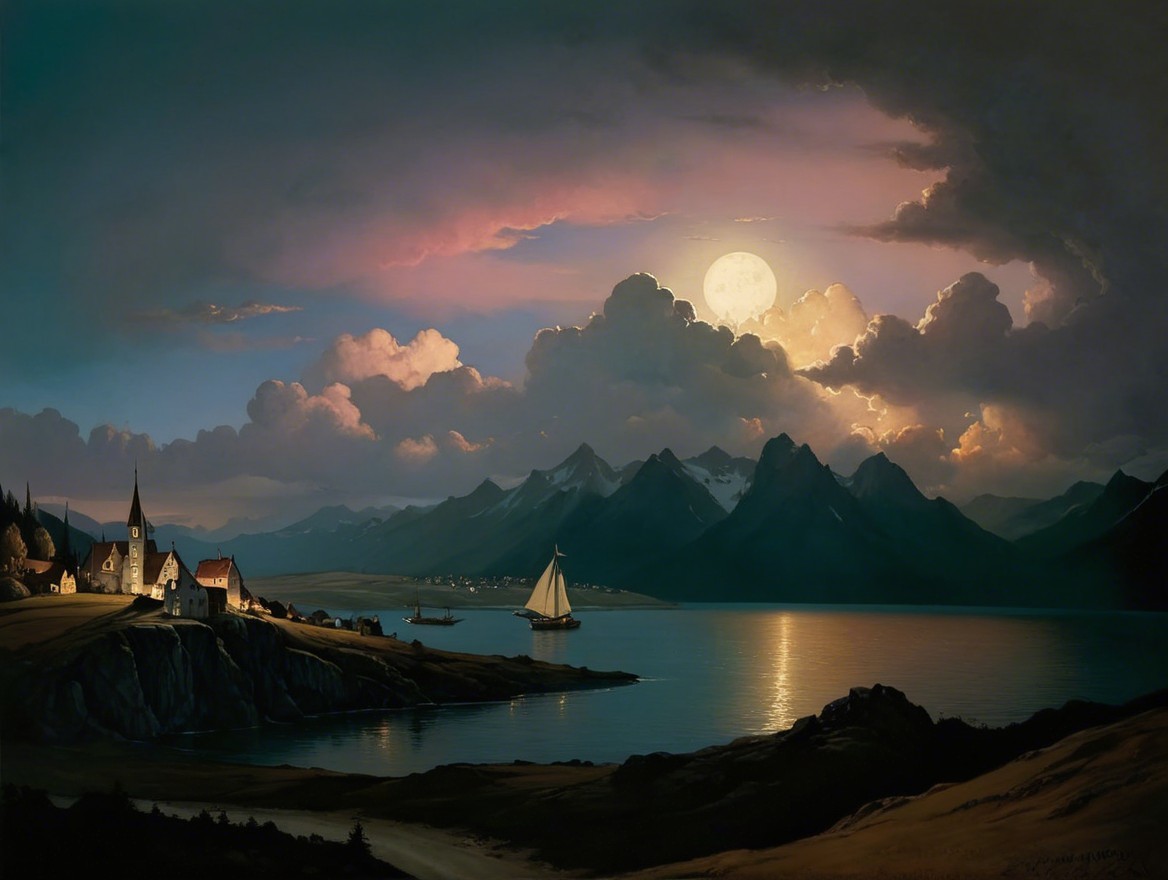 Twilight Lake Scene with Mountains and Village