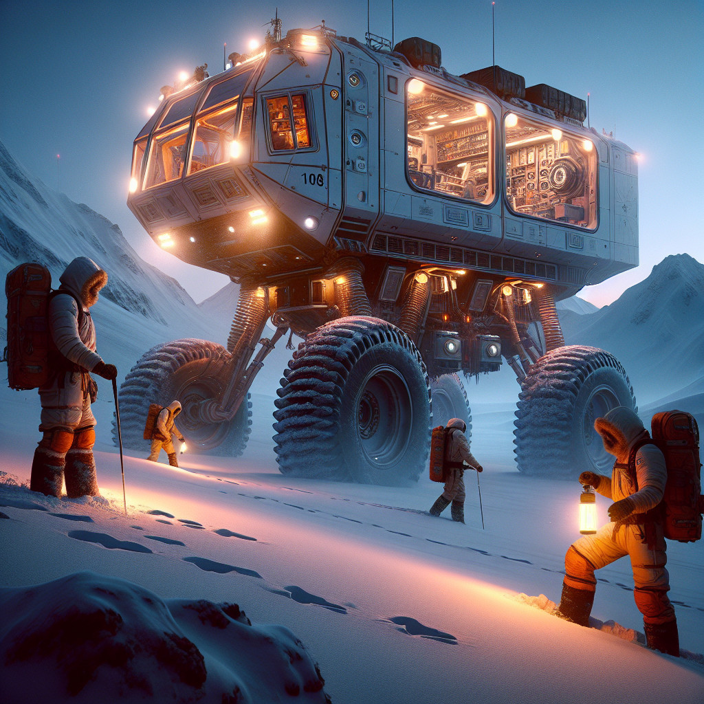 Futuristic Rover in Snowy Mountainous Landscape