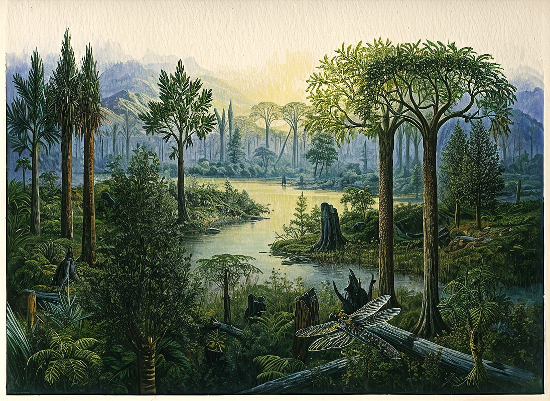 Prehistoric Landscape with Tranquil Lake and Flora