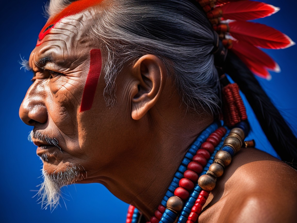 Mature Man with Silver Hair and Red Feathers