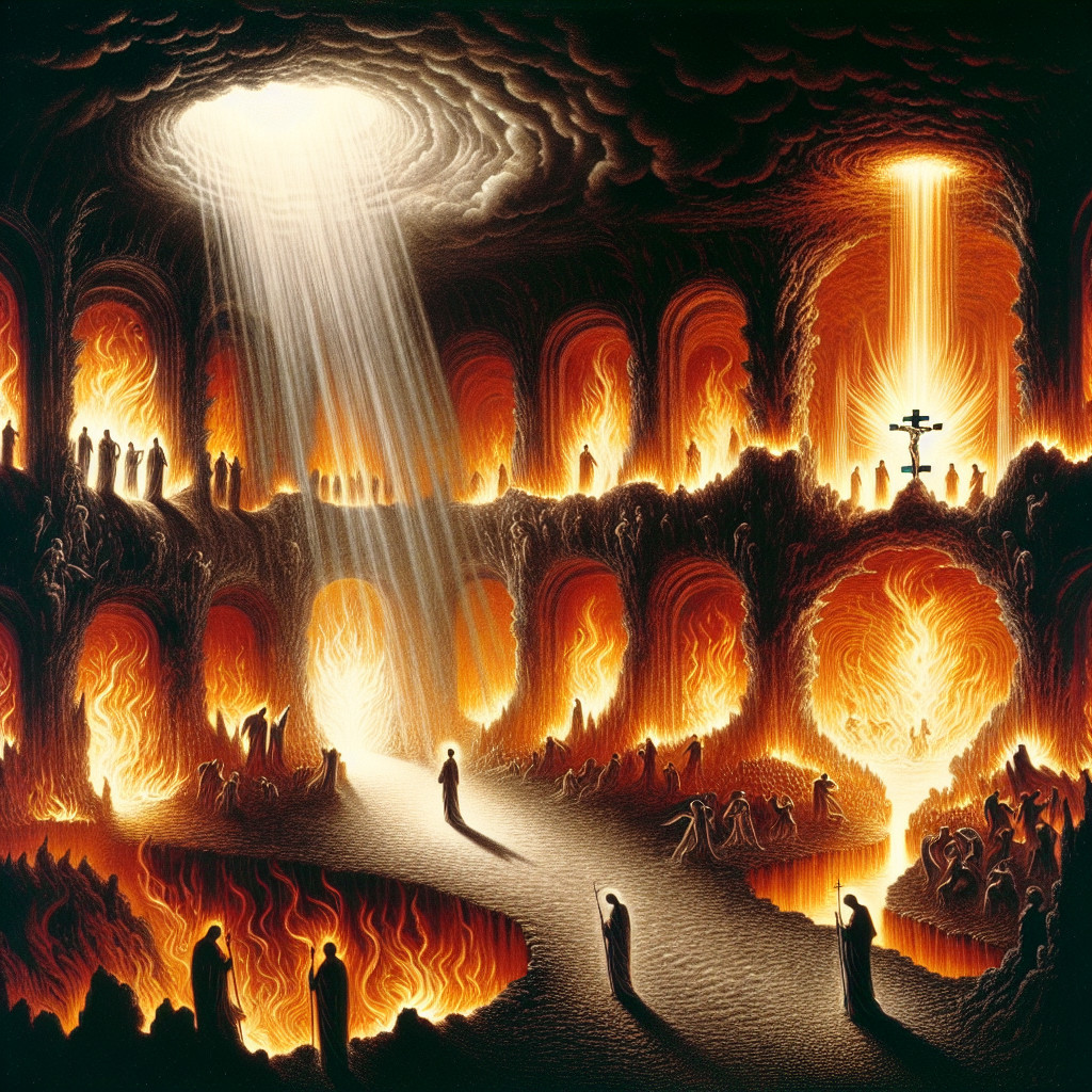 Surreal Underworld with Flames and Ethereal Figures