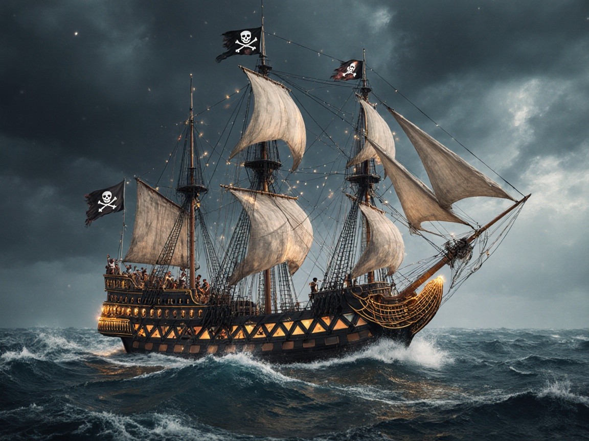 Pirate Ship in Stormy Seas with Billowing Sails