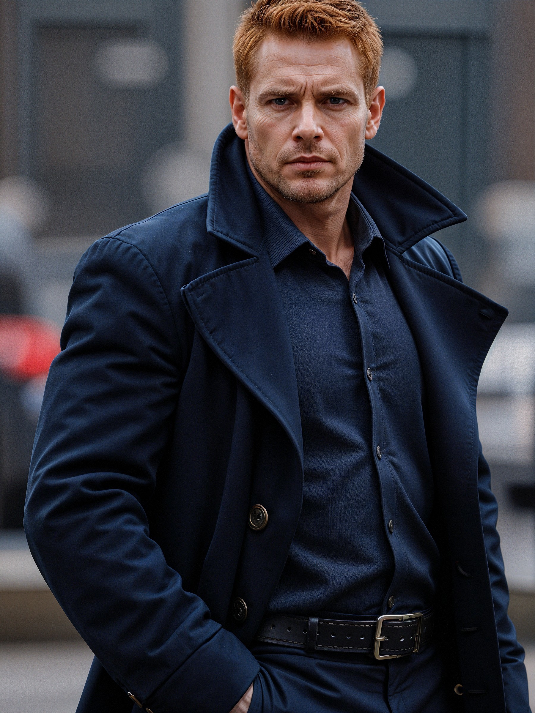 Confident Man in Urban Setting with Strong Build