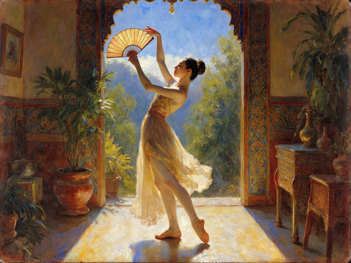 Ballerina Dancing in Sunlit Room with Decorative Elements