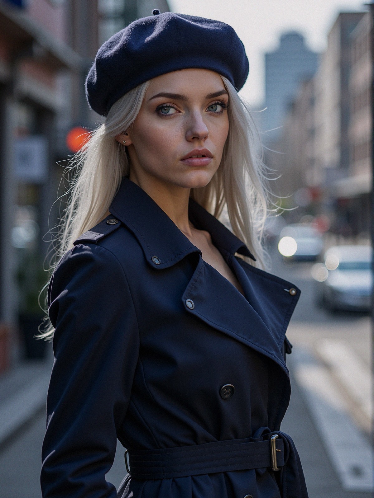 Young woman in navy trench coat on city street