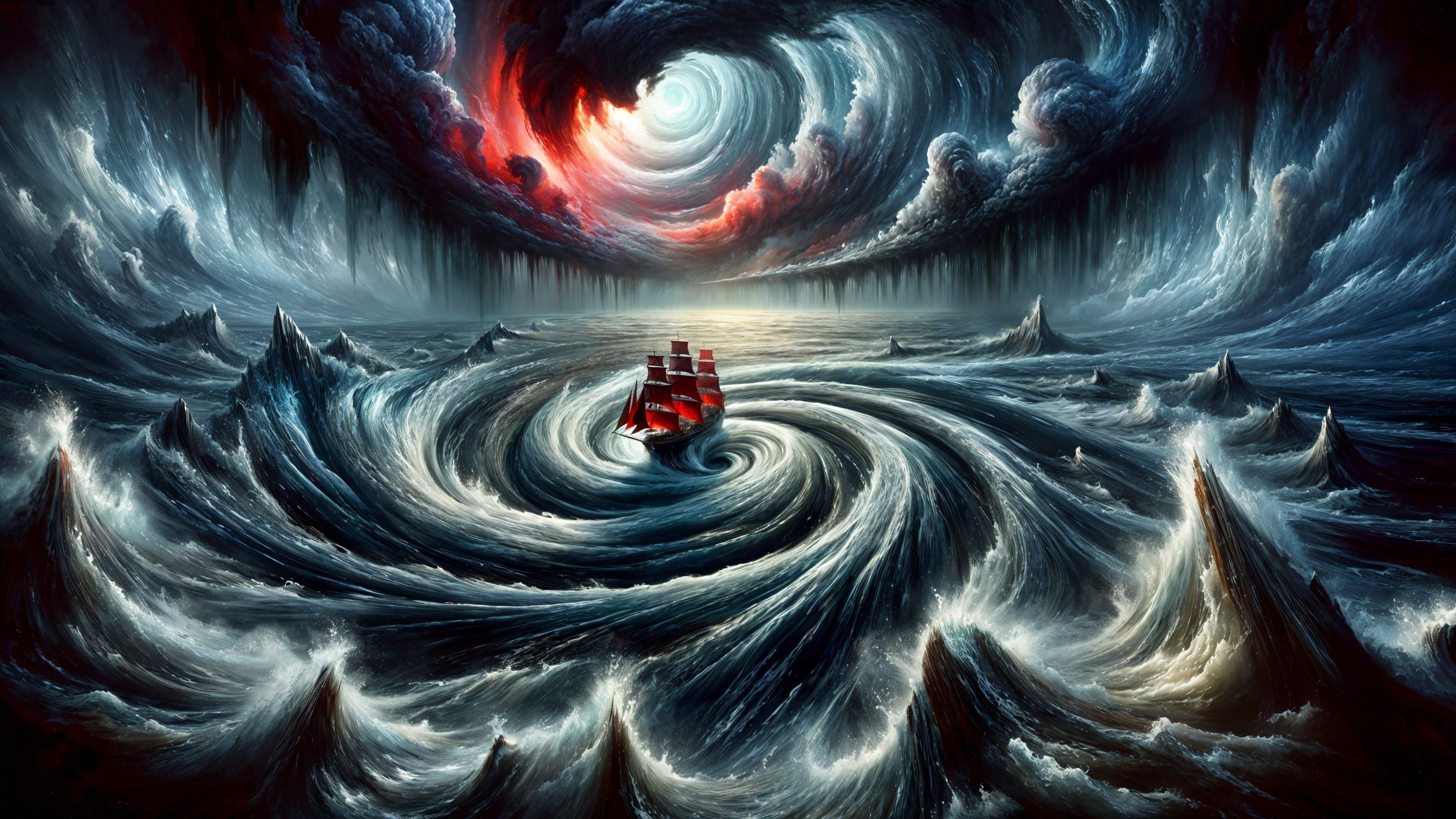 Ship Navigating Turbulent Vortex in Dramatic Storm