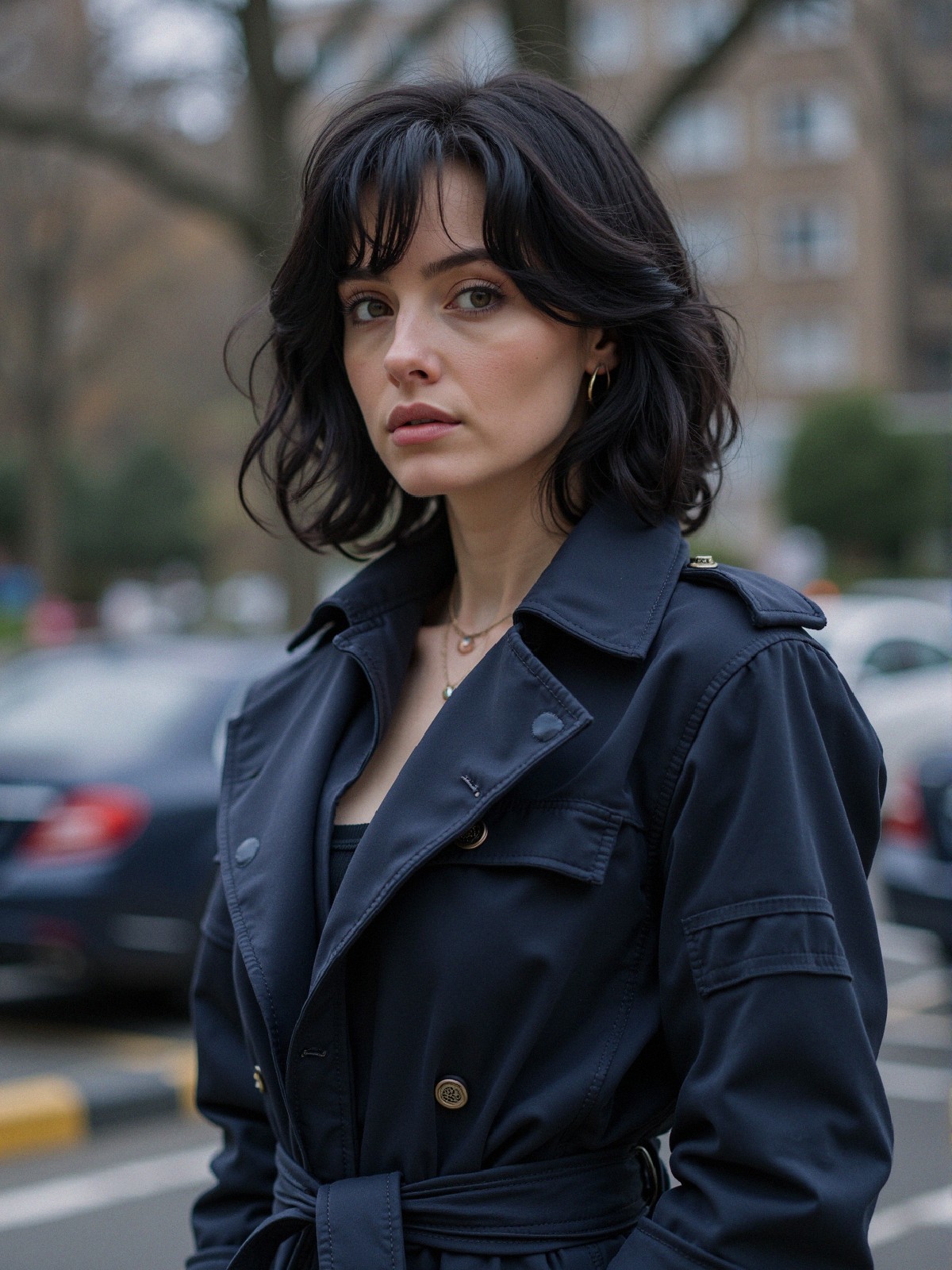 Woman in navy trench coat in urban outdoor setting