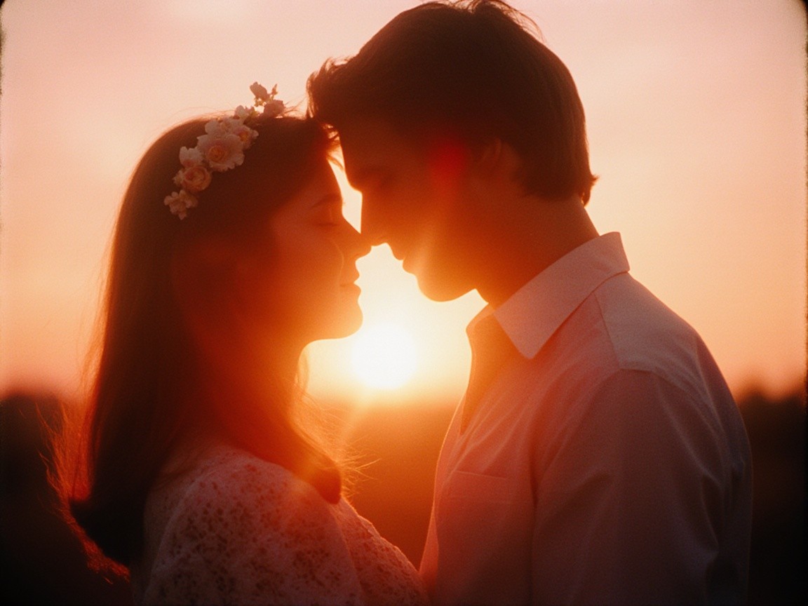 Couple Silhouetted at Sunset with Flower Crown