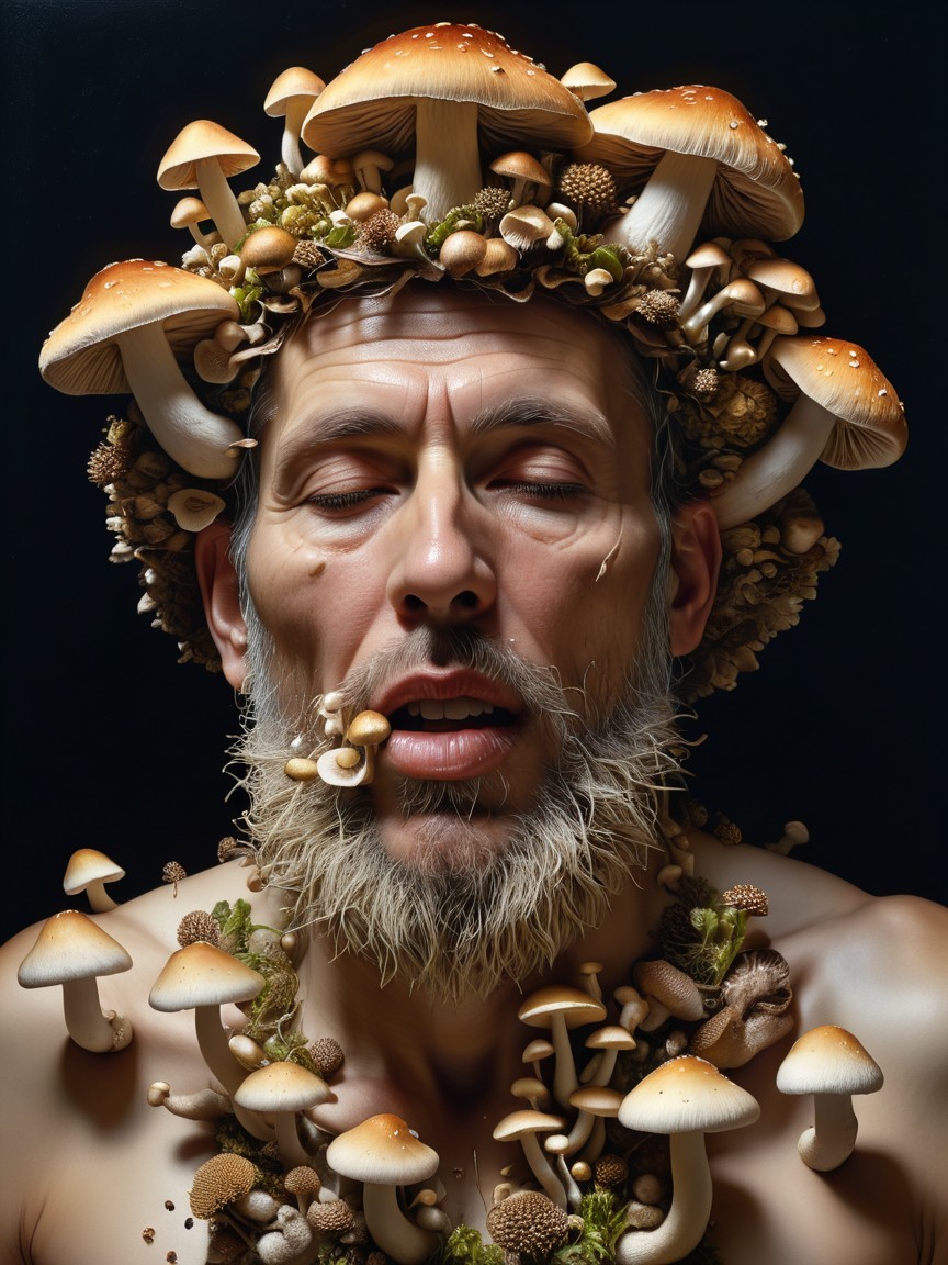 Surreal Portrait of a Man with Mushroom Crown