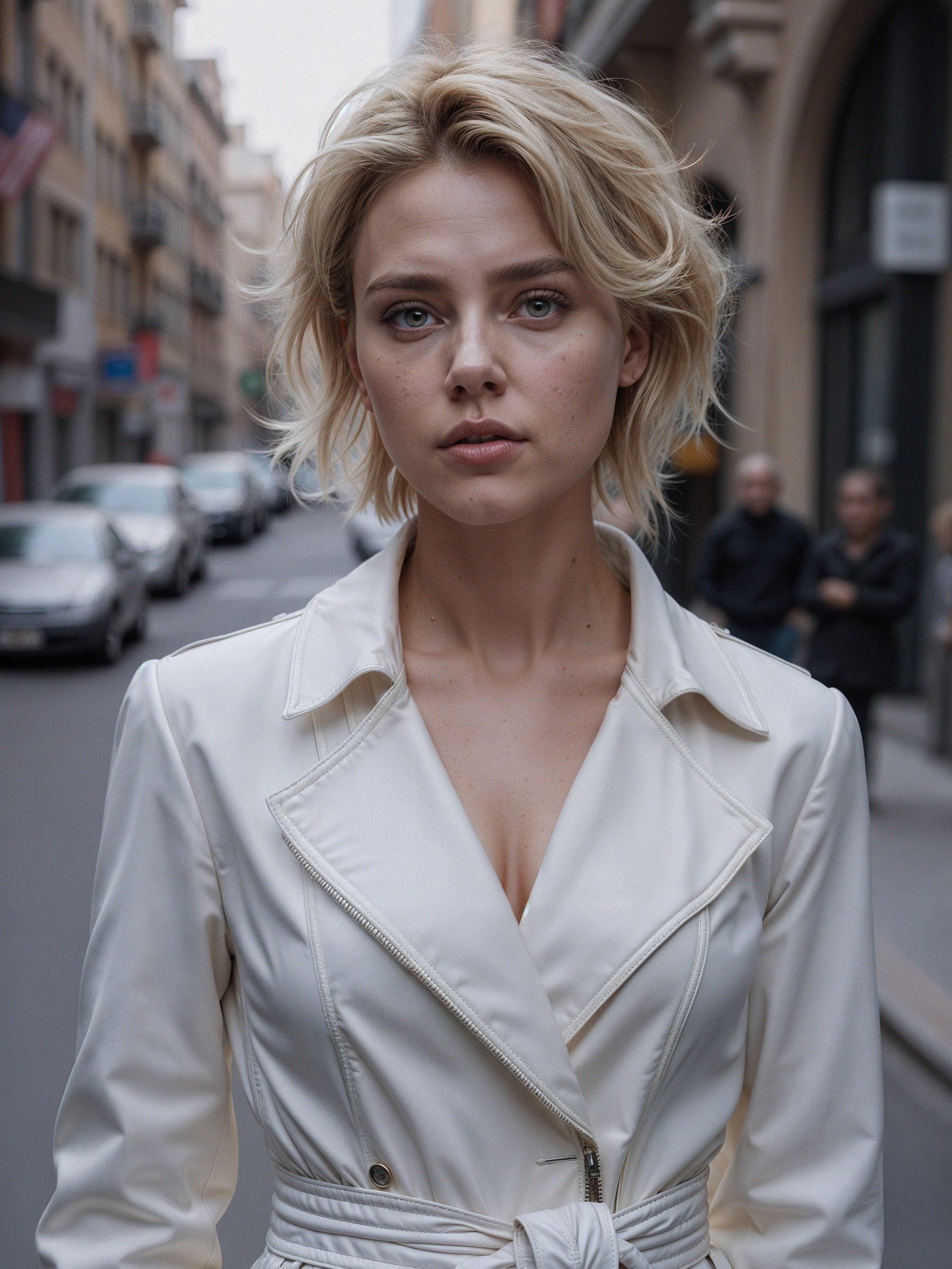 Young woman in white trench coat with urban backdrop