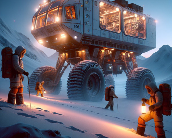 Futuristic Rover in Snowy Mountainous Landscape