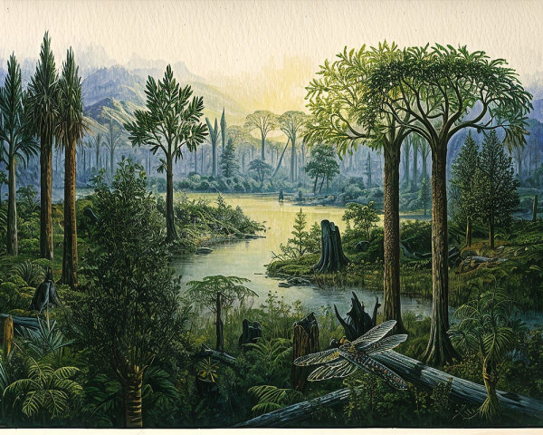 Prehistoric Landscape with Tranquil Lake and Flora