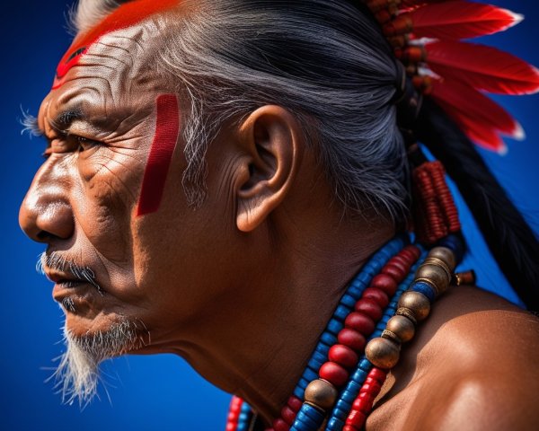Mature Man with Silver Hair and Red Feathers