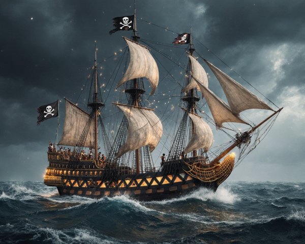 Pirate Ship in Stormy Seas with Billowing Sails