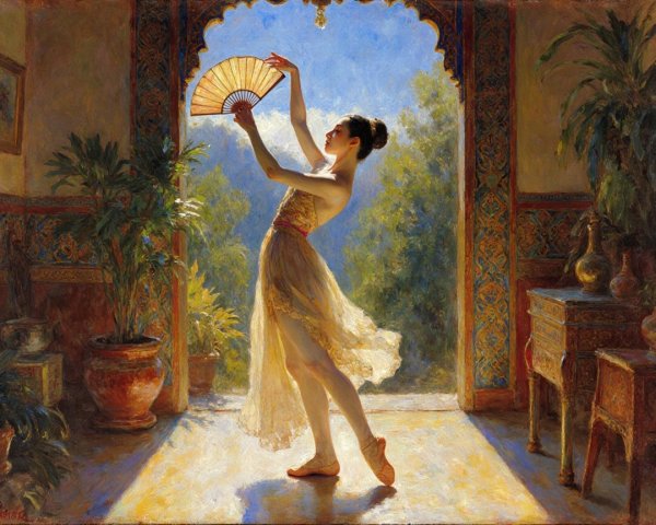 Ballerina Dancing in Sunlit Room with Decorative Elements
