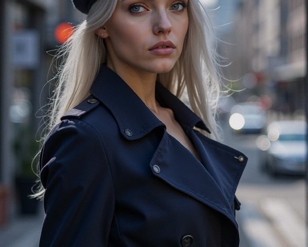 Young woman in navy trench coat on city street