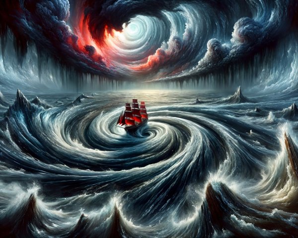 Ship Navigating Turbulent Vortex in Dramatic Storm