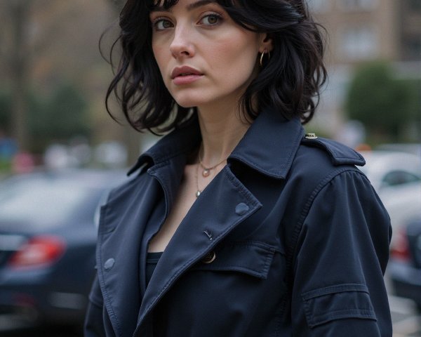 Woman in navy trench coat in urban outdoor setting