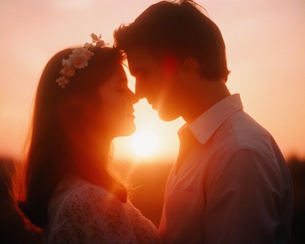 Couple Silhouetted at Sunset with Flower Crown