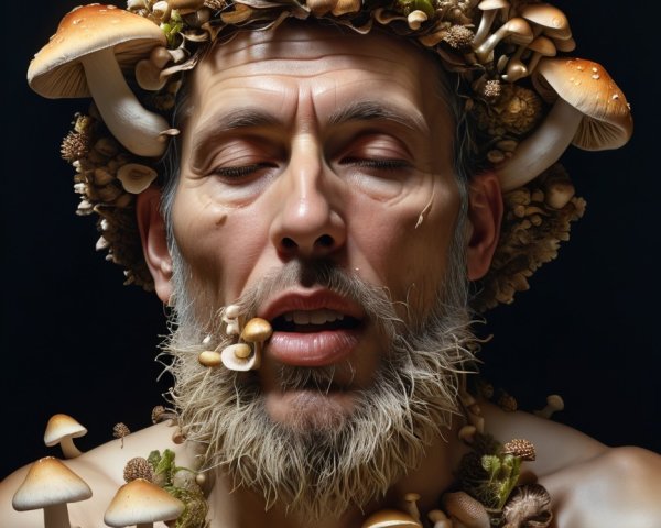 Surreal Portrait of a Man with Mushroom Crown