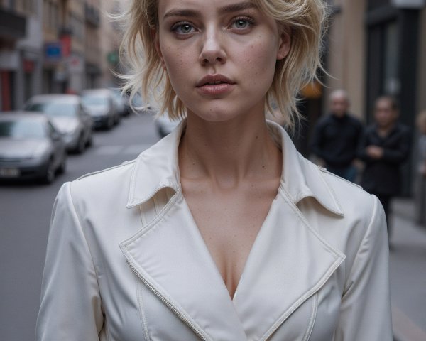 Young woman in white trench coat with urban backdrop