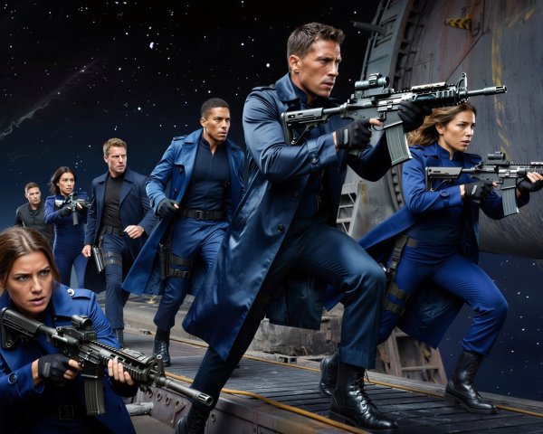 Diverse Soldiers in Blue Uniforms Against Galaxy Background