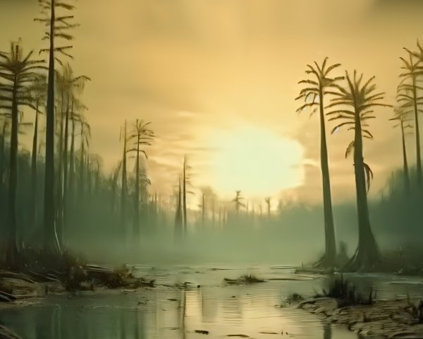 Serene Dawn Swamp with Mist and Golden Light