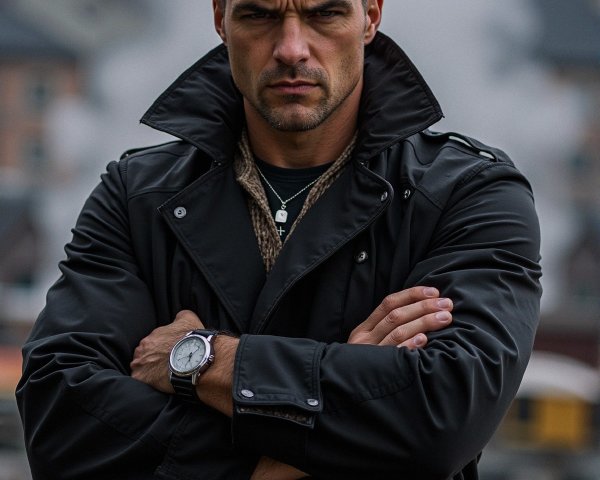 Confident Man in Black Jacket with Dramatic Backdrop