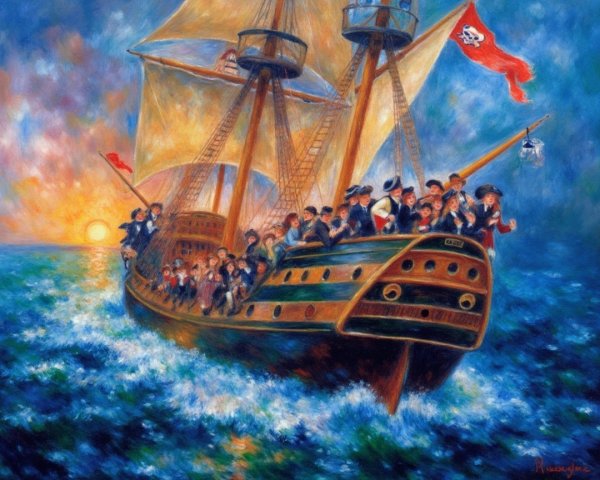 Vibrant Painting of Pirate Ship on Blue Waters