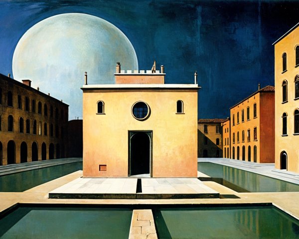 Surreal Architectural Scene with Round Window and Moon