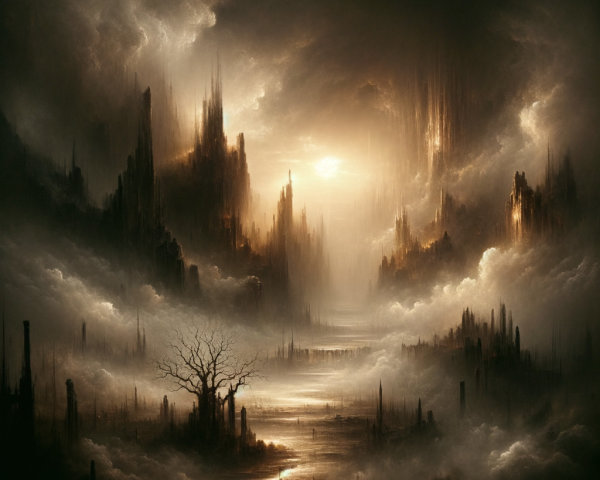 Surreal Misty Landscape with Jagged Cliffs and Lake