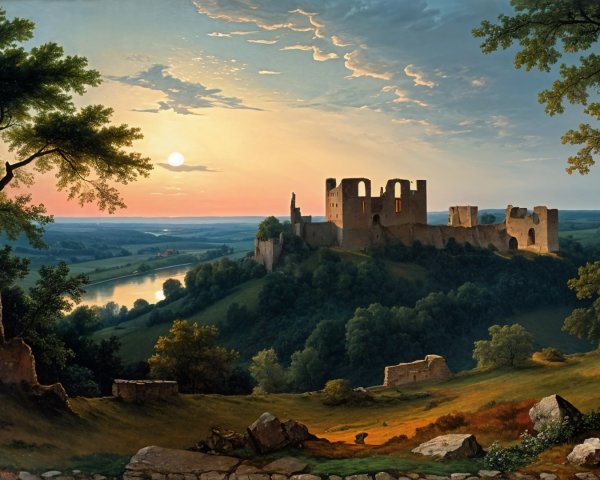 Serene Sunset Landscape with Ancient Castle and River