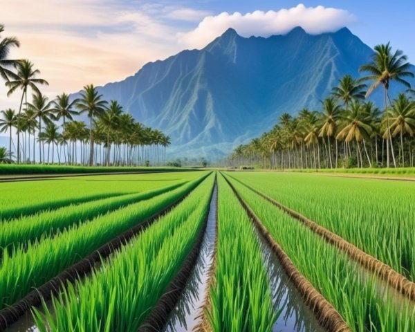 Lush Rice Field with Mountain and Palm Trees Scene
