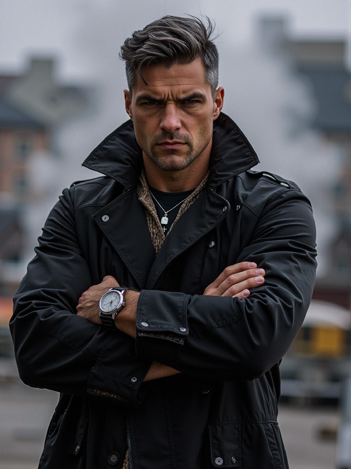 Confident Man in Black Jacket with Dramatic Backdrop