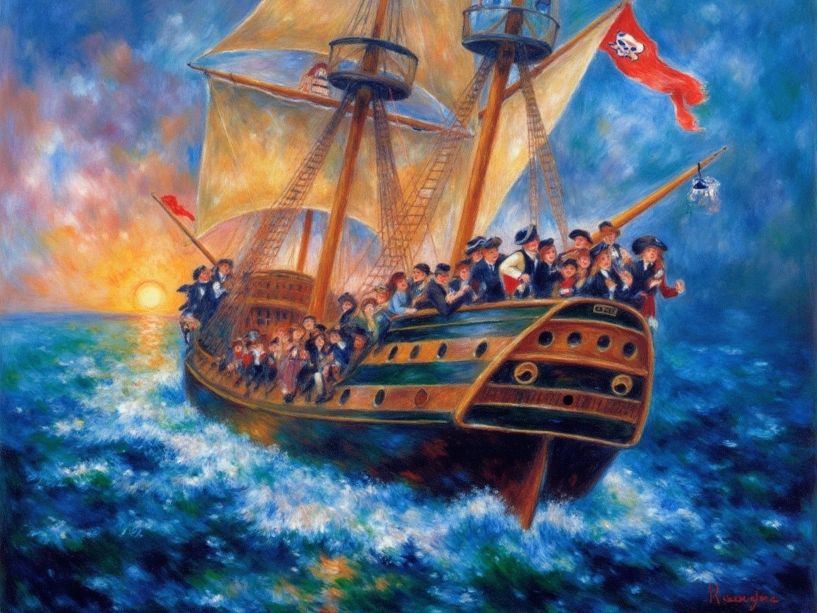 Vibrant Painting of Pirate Ship on Blue Waters