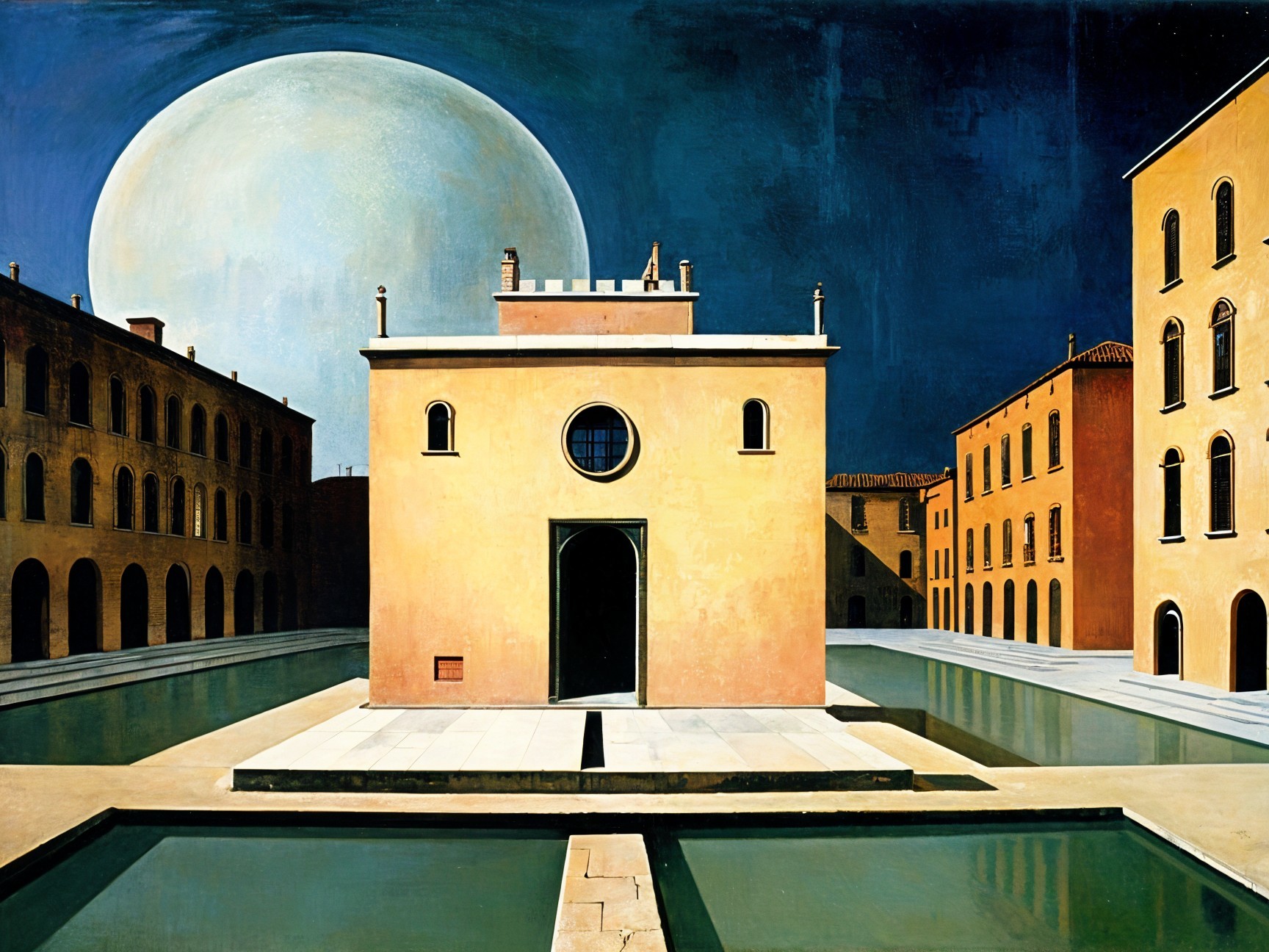 Surreal Architectural Scene with Round Window and Moon