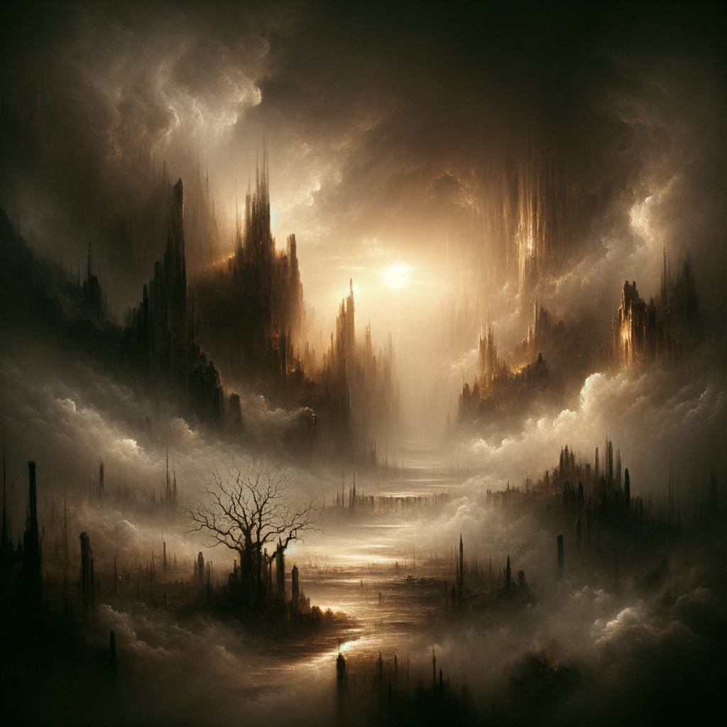 Surreal Misty Landscape with Jagged Cliffs and Lake