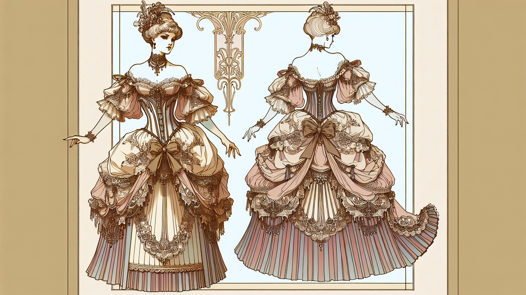 Elegant gown design with intricate details and ruffles