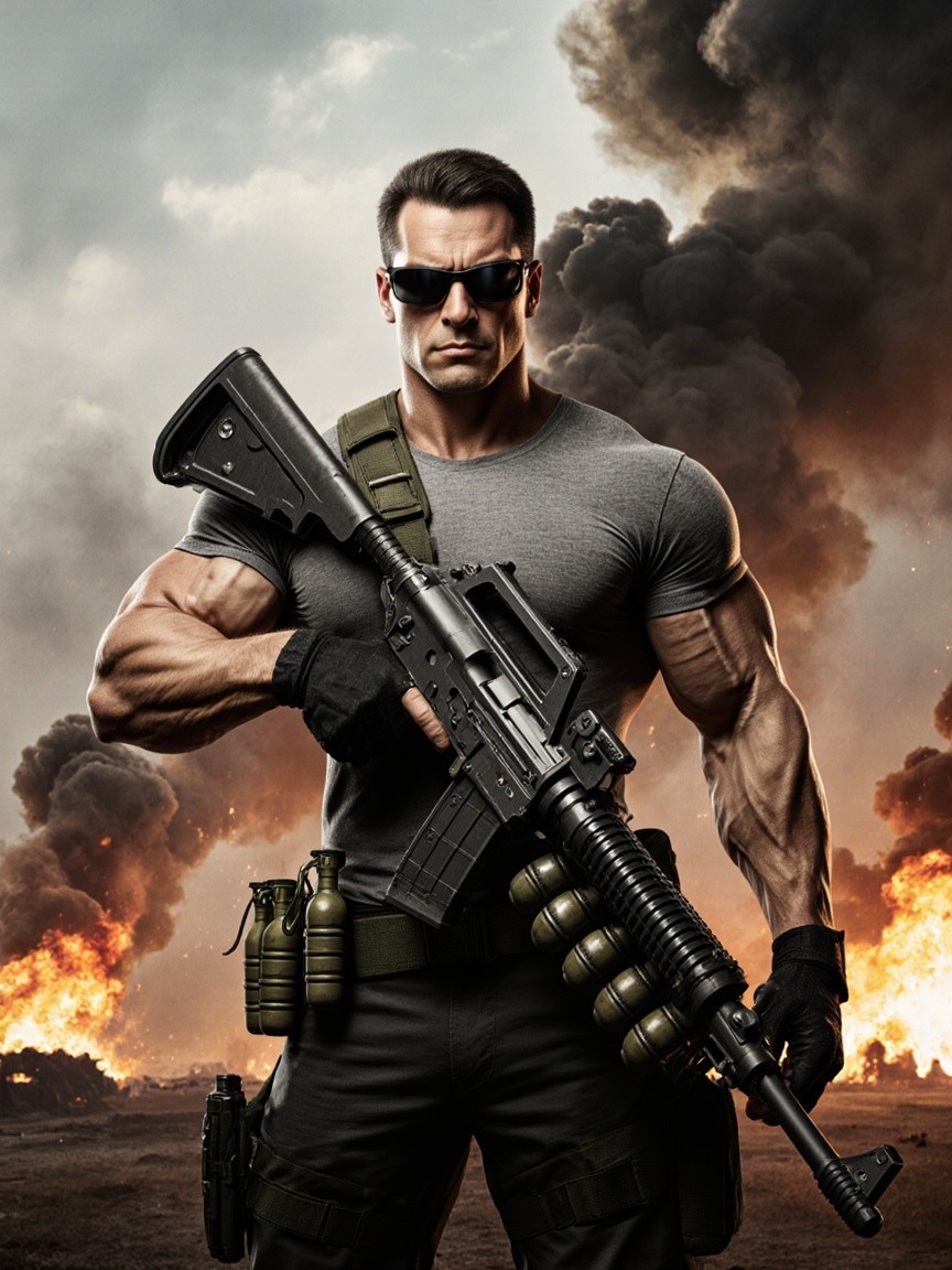 Muscular Soldier in Tactical Gear Amidst Explosions